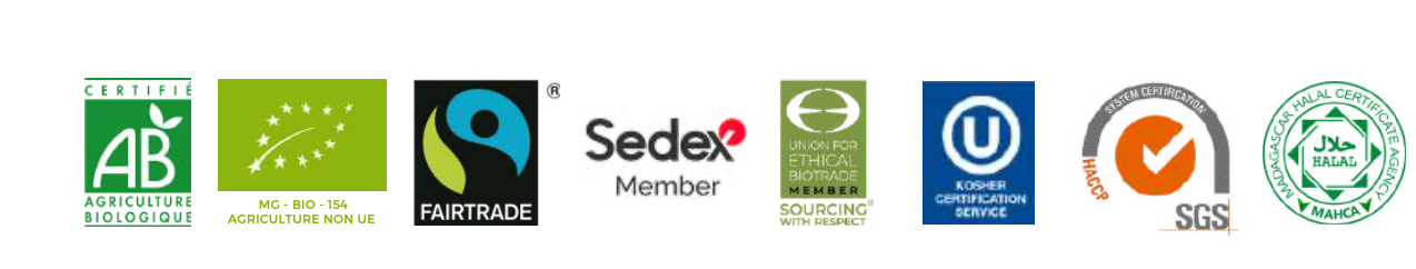 Logo’s voor biologische landbouw, Fairtrade, Sedex, Union for Ethical BioTrade, kosher, SGS en halal